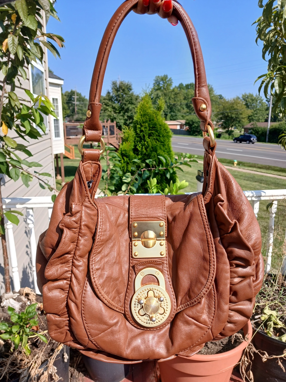 Steven By Steve Madden Brown Ruched Faux Leather Shoulder Bag with Gold Hardware